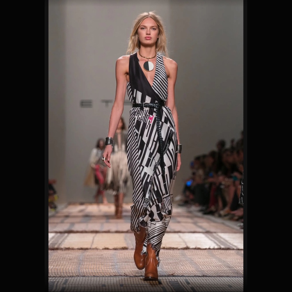 Runway Etro Black White Asymmetric Hem Sleeveless Silk Midi Dress IT40